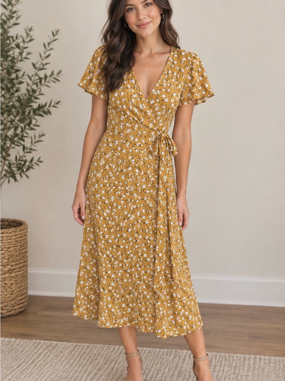 Floral Wrap Midi Dress in Mustard - Women's